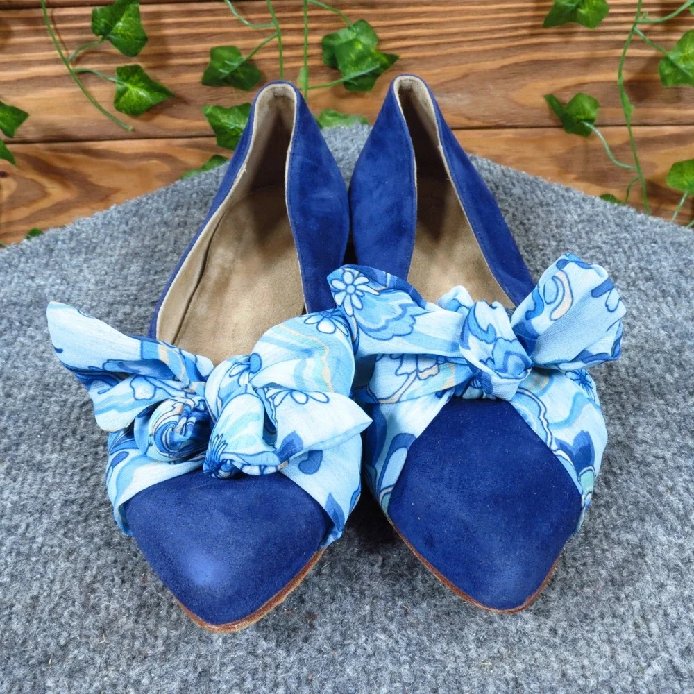 Italian Made Blue Suede‎ Ballet Flats Bow Detail Women EU 38 Pointed Toe